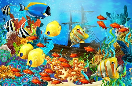 Радужные рыбки на фоне корабля