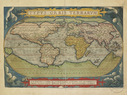 Засветлённая Карта известных земель Гравированная Абрахамом Ортелиусом, 1570г
