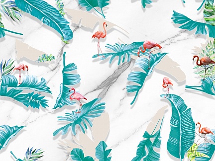 Фламинго в пальмовых листьях на мраморном фоне