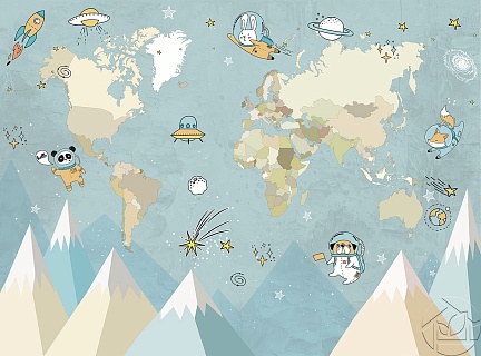 Детская карта мира и животные космонавты