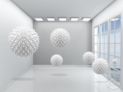 3D абстракция сферы в комнате с окнами