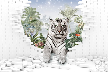 Белый Бенгальский тигр на фоне 3D кирпичной стены