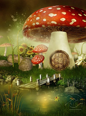 Сказочный фон домик-гриб у пруда
