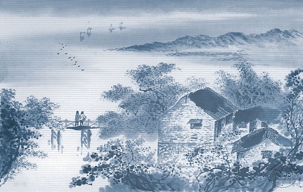Акварель синеватый рисунок домик у воды