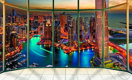 Панорамные окна с видом на ночной Дубай