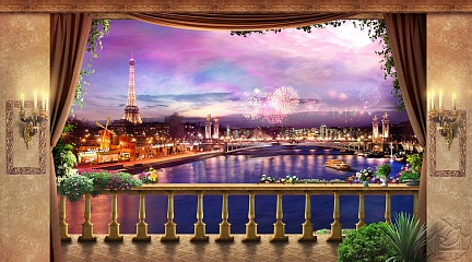 Балкон с видом на праздничный Париж