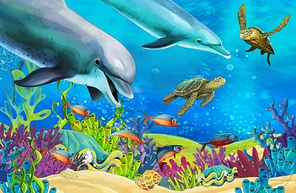 Красивый рисунок дельфины и черепахи