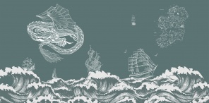 Китайский дракон над волнами на темном фоне