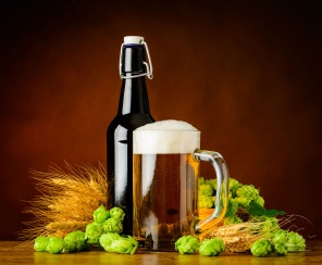 кружка пива на фоне бочки с хмелем