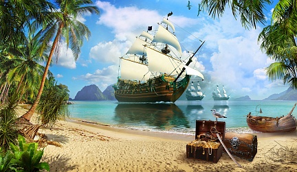 Парусники подплывают к пиратскому острову
