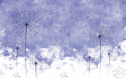 Рисунок одуванчики в облаках на синем фоне